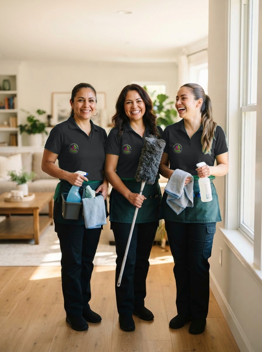 Three cleaners in matching black polo shirts printed with the Nidia's Cleaning logo, standing together in a bright living room