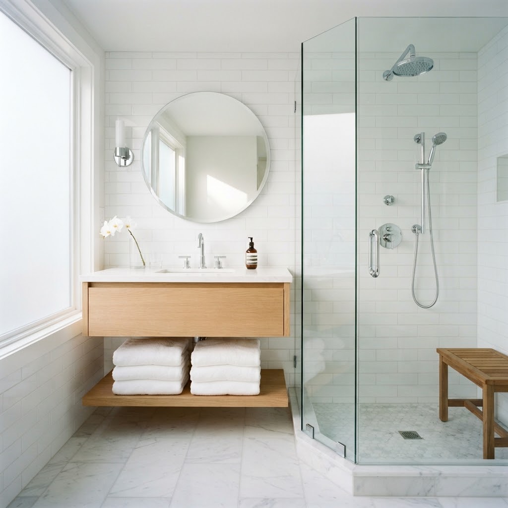 A sparkling clean modern bathroom with chrome fixtures and folded white towels