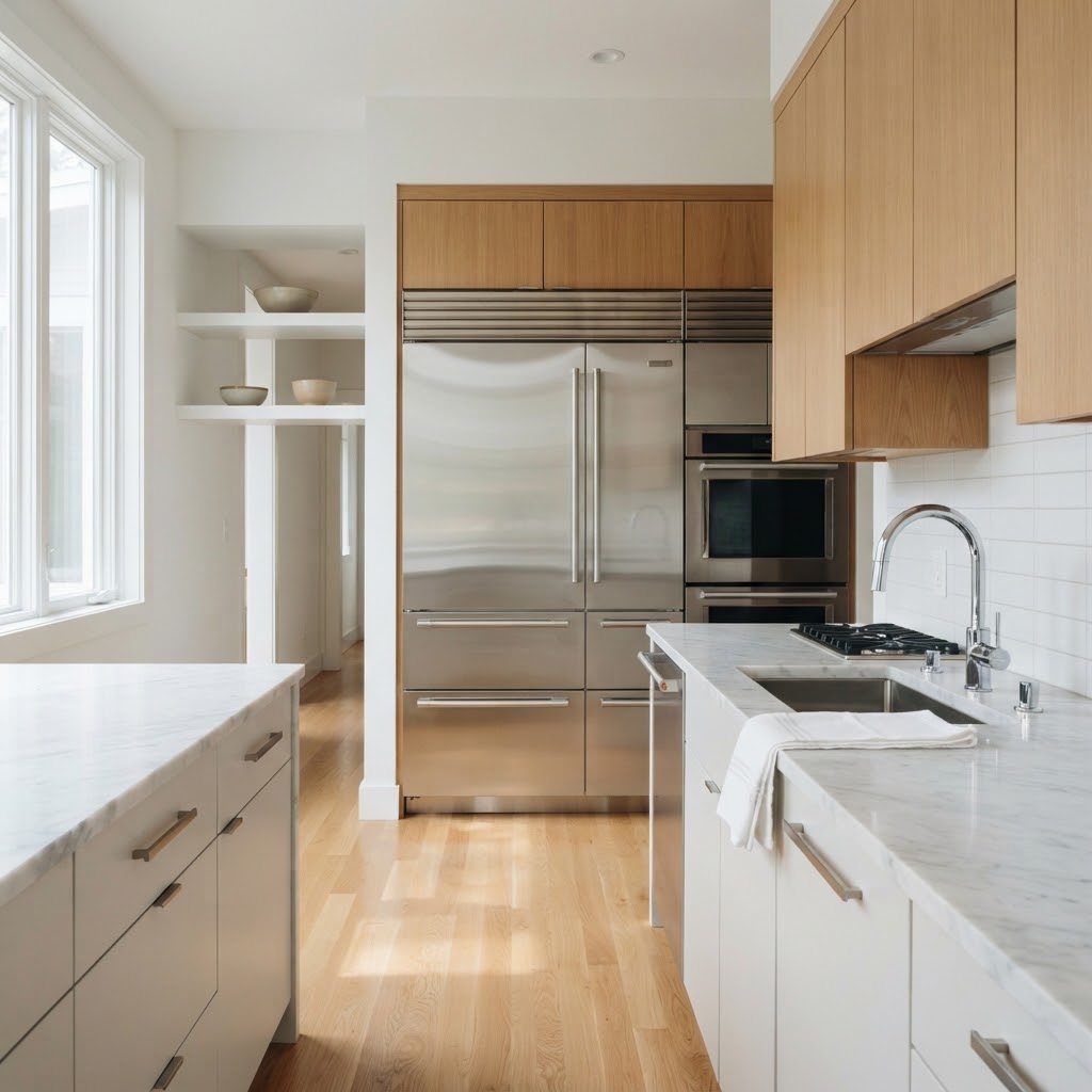 A spotless modern kitchen with gleaming appliances and clear countertops