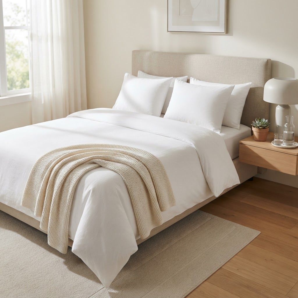 A freshly made bed with crisp white linens in a bright bedroom