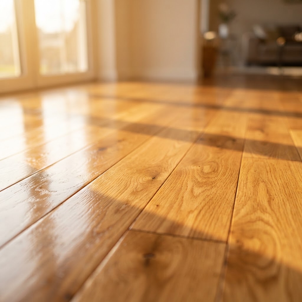 Close-up of a freshly mopped hardwood floor catching warm sunlight