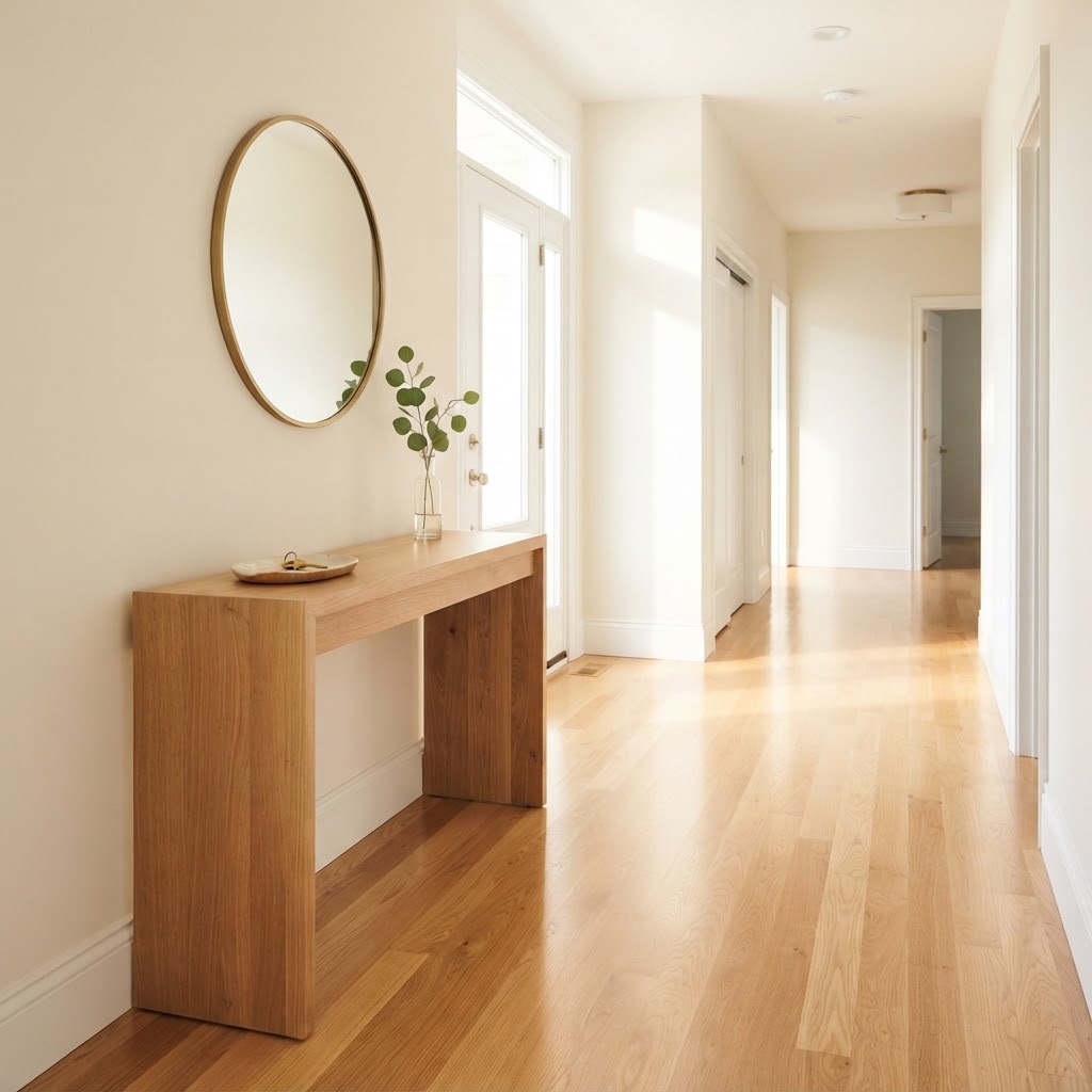 A tidy bright entryway with a spotless floor and neat console table