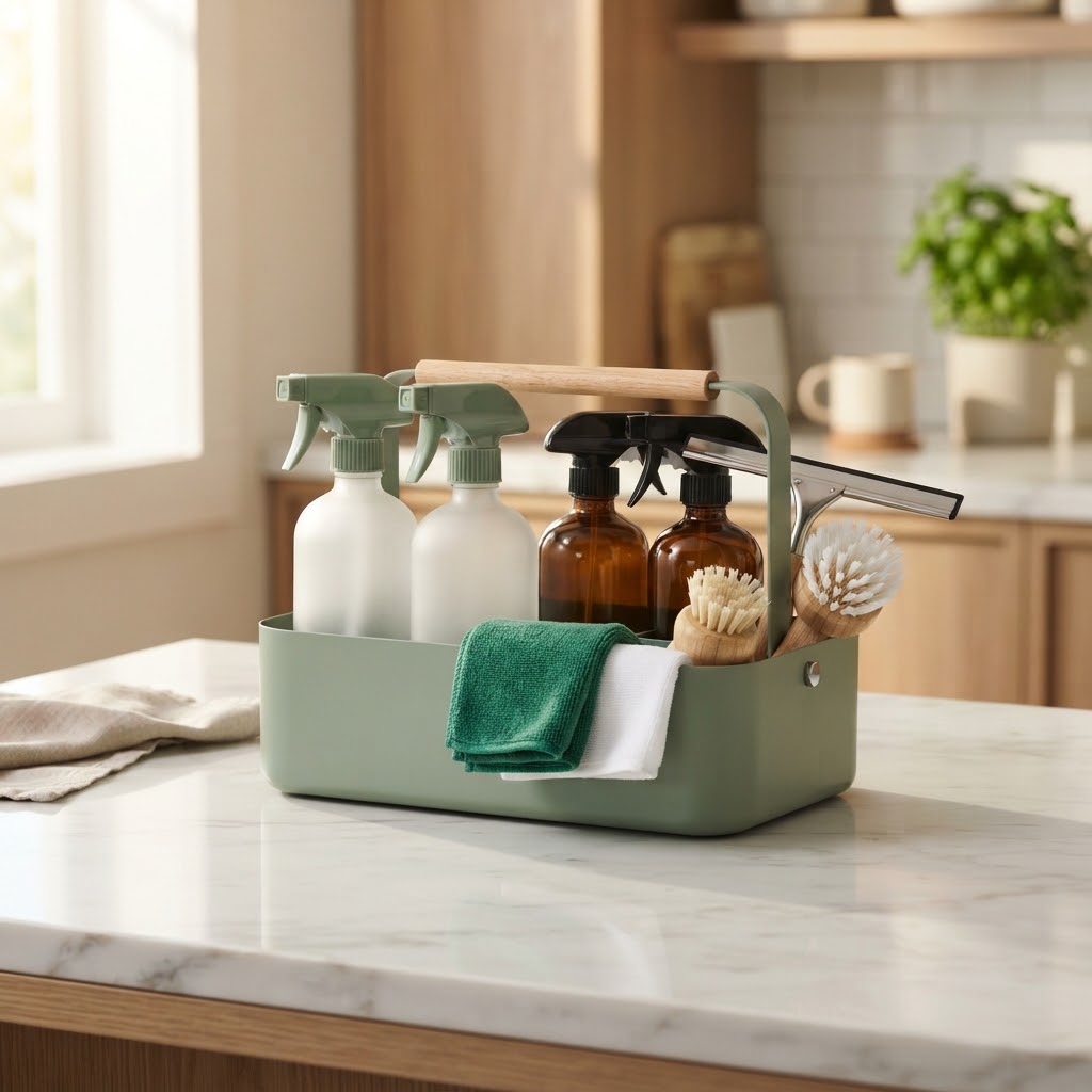 Professional cleaning supplies arranged neatly on a clean countertop