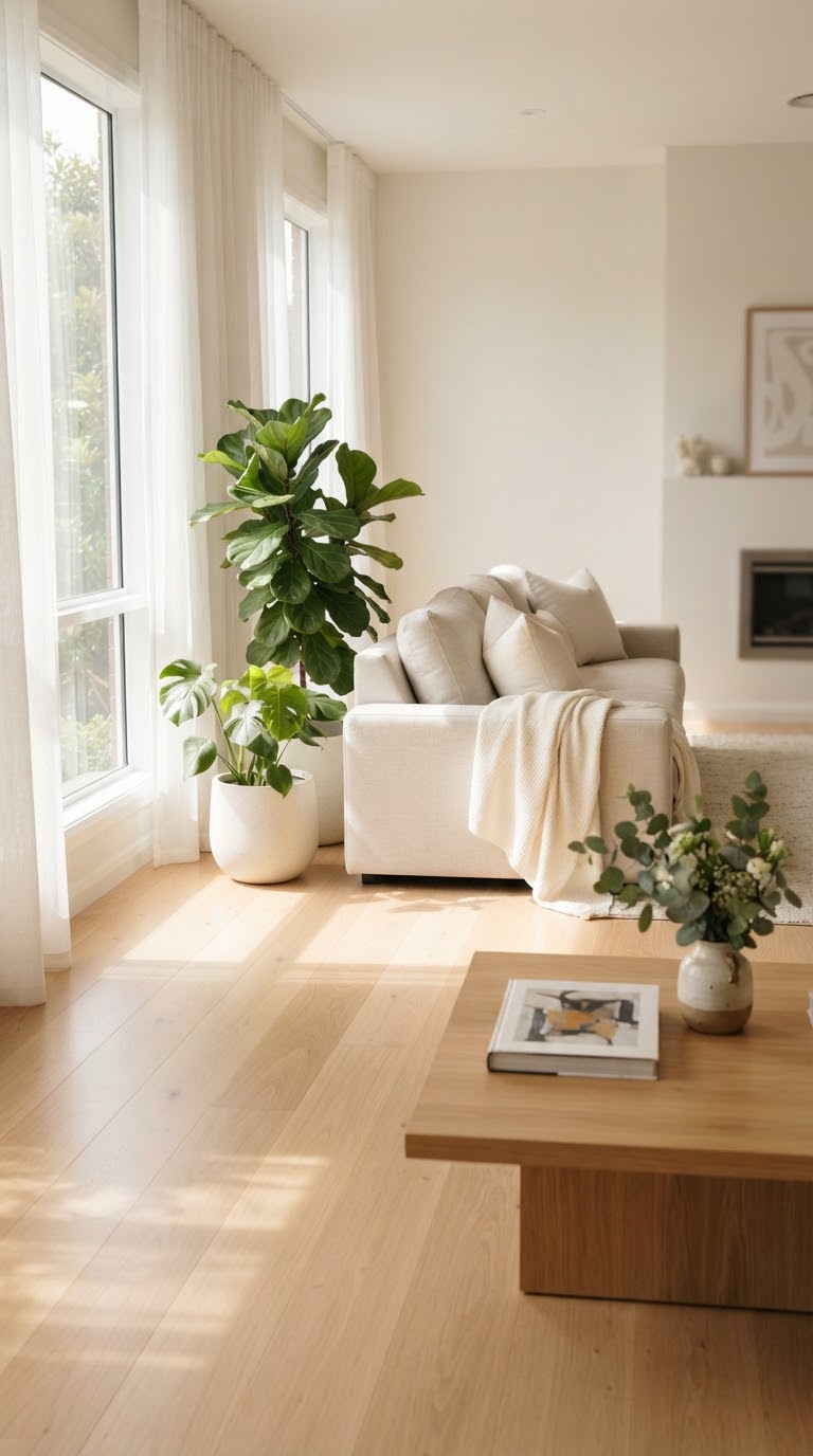 A bright, freshly cleaned living room with sunlight across spotless hardwood floors