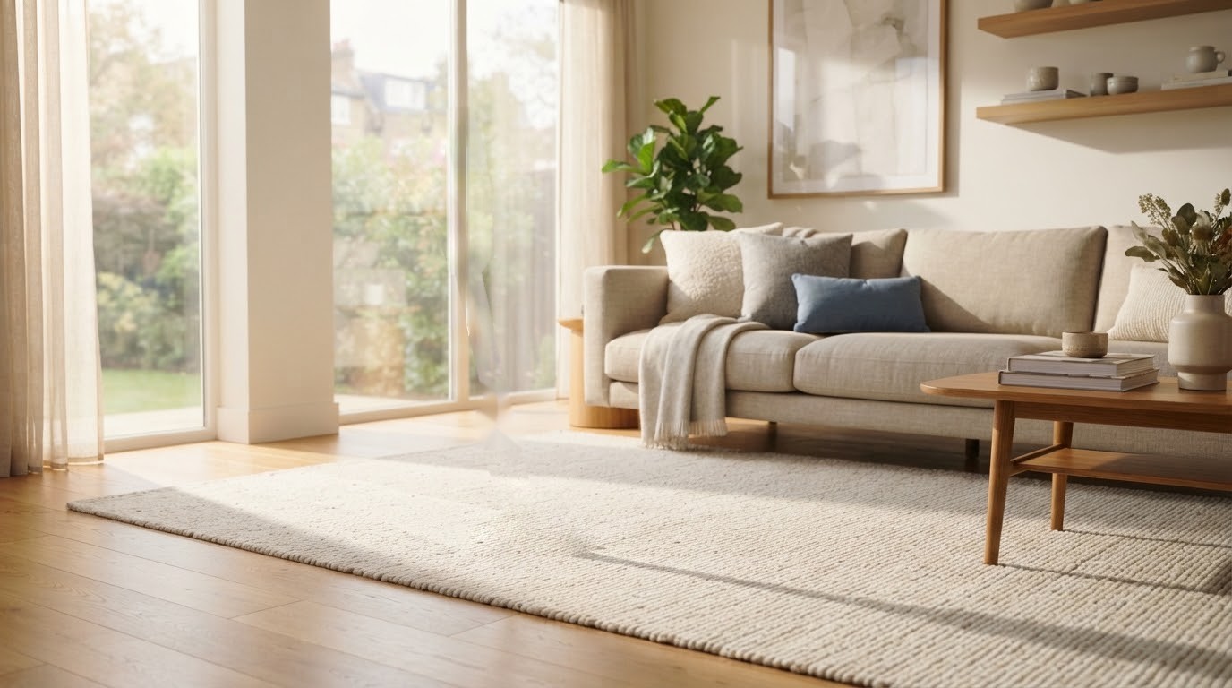 A bright, freshly cleaned living room with a soft rug and a sunlit sofa