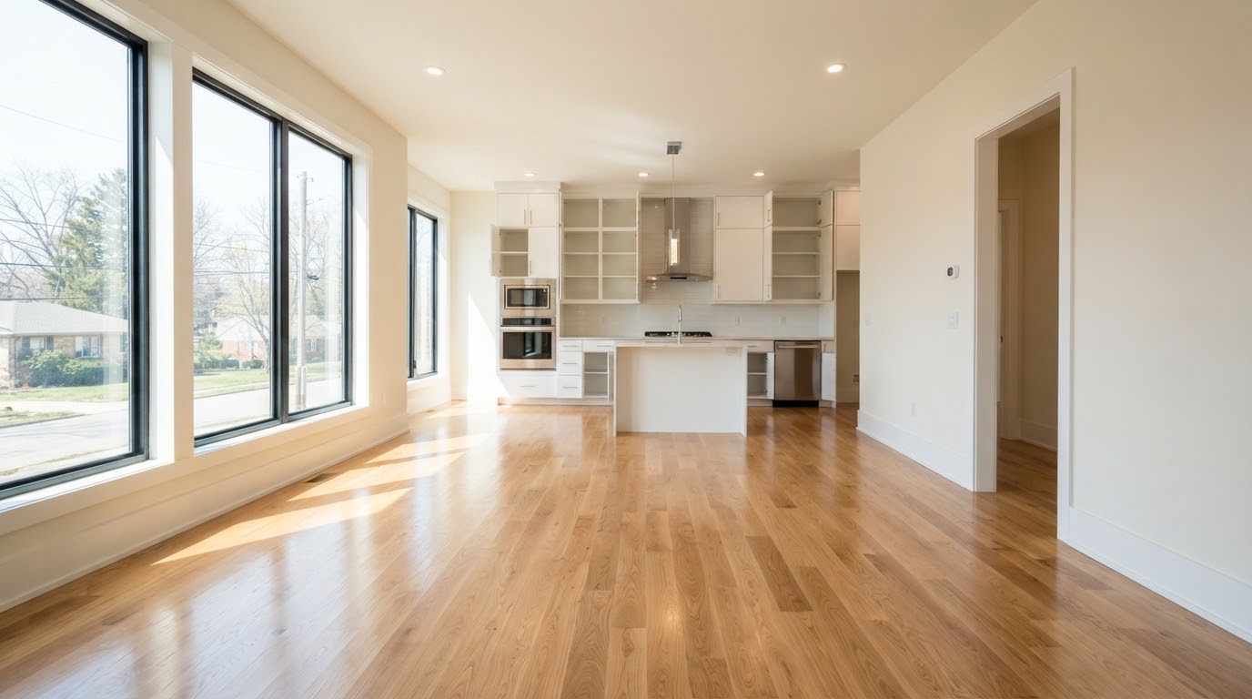 An empty, freshly cleaned room with bright hardwood floors, ready for move-in